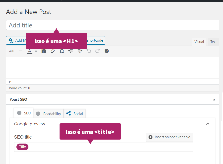 Print do WordPress mostrando onde colocar a <title> e a <h1> em uma págian do WordPress