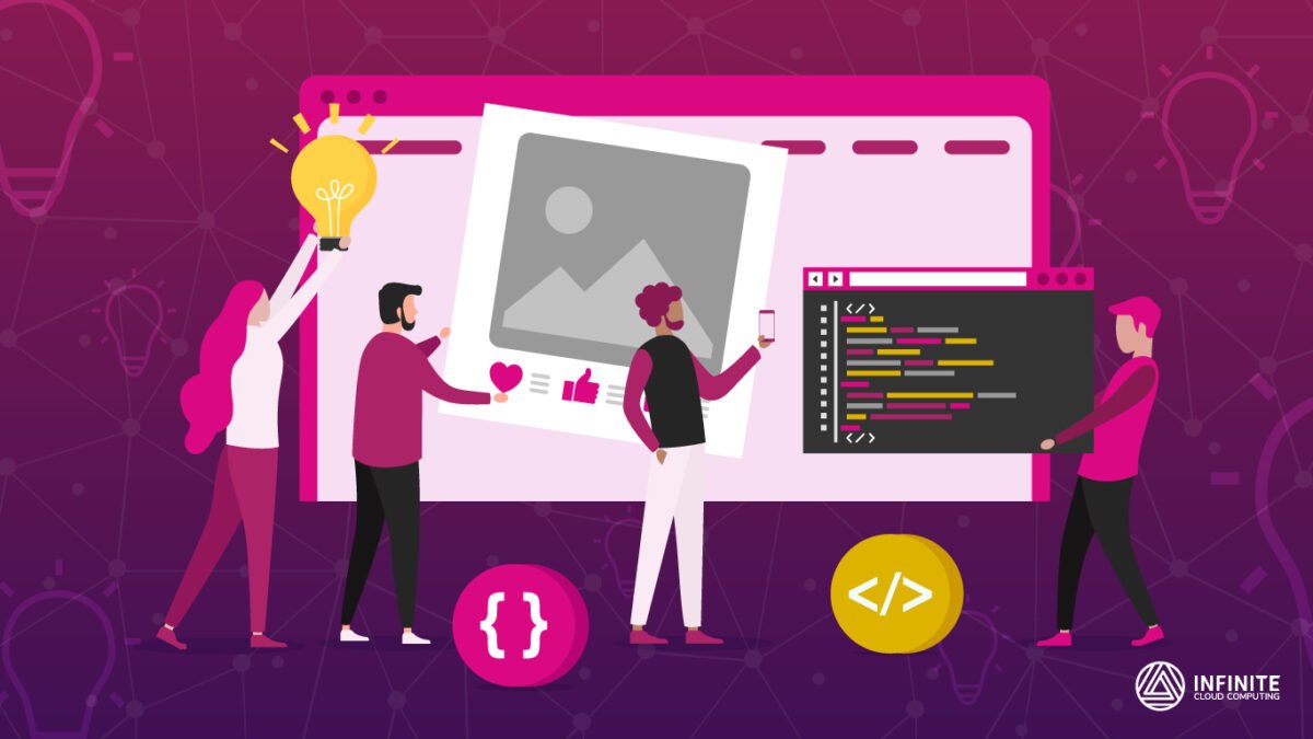 Três pessoas em pé em frente a um site, pendurando coisas nele como se fossem plugins.